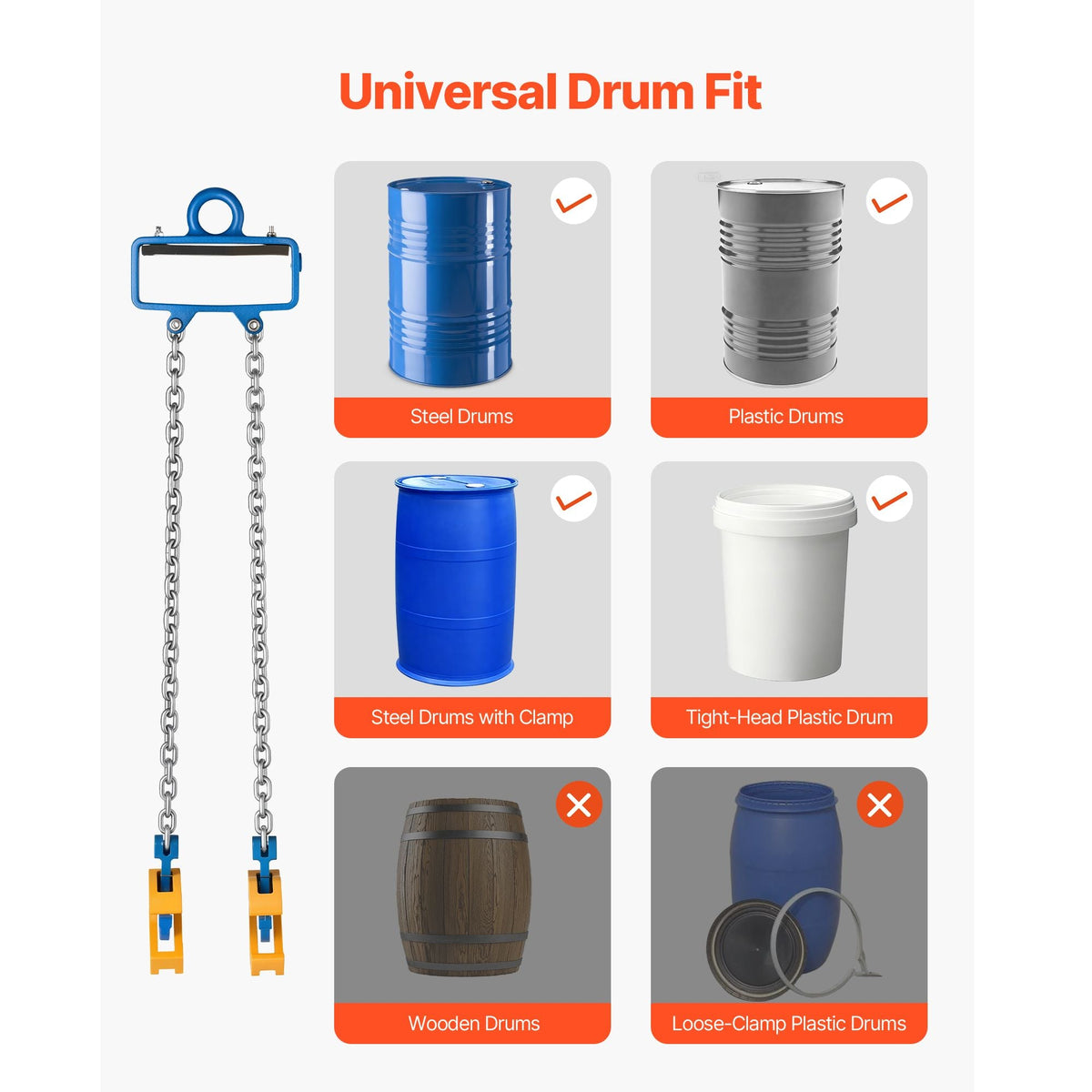 Chain Drum Lifter, G80 Drum Lifting Chain Sling with Security Hook, 2200LBS Capacity, Drums Handling Equipment Fits for Crane Forklift, Carbon Steel Barrel Lifter for Plastic & Metal Drums