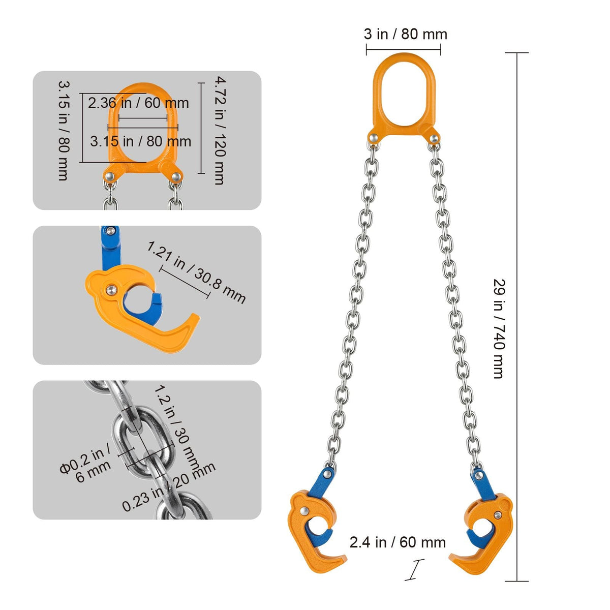 Chain Drum Lifter, G80 Drum Lifting Chain Sling with Thickened Security Hook, 2000LBS Capacity, 1.6ft Long Sturdy Drums Handling Equipment, Carbon Steel Barrel Lifter for Plastic & Metal Drums