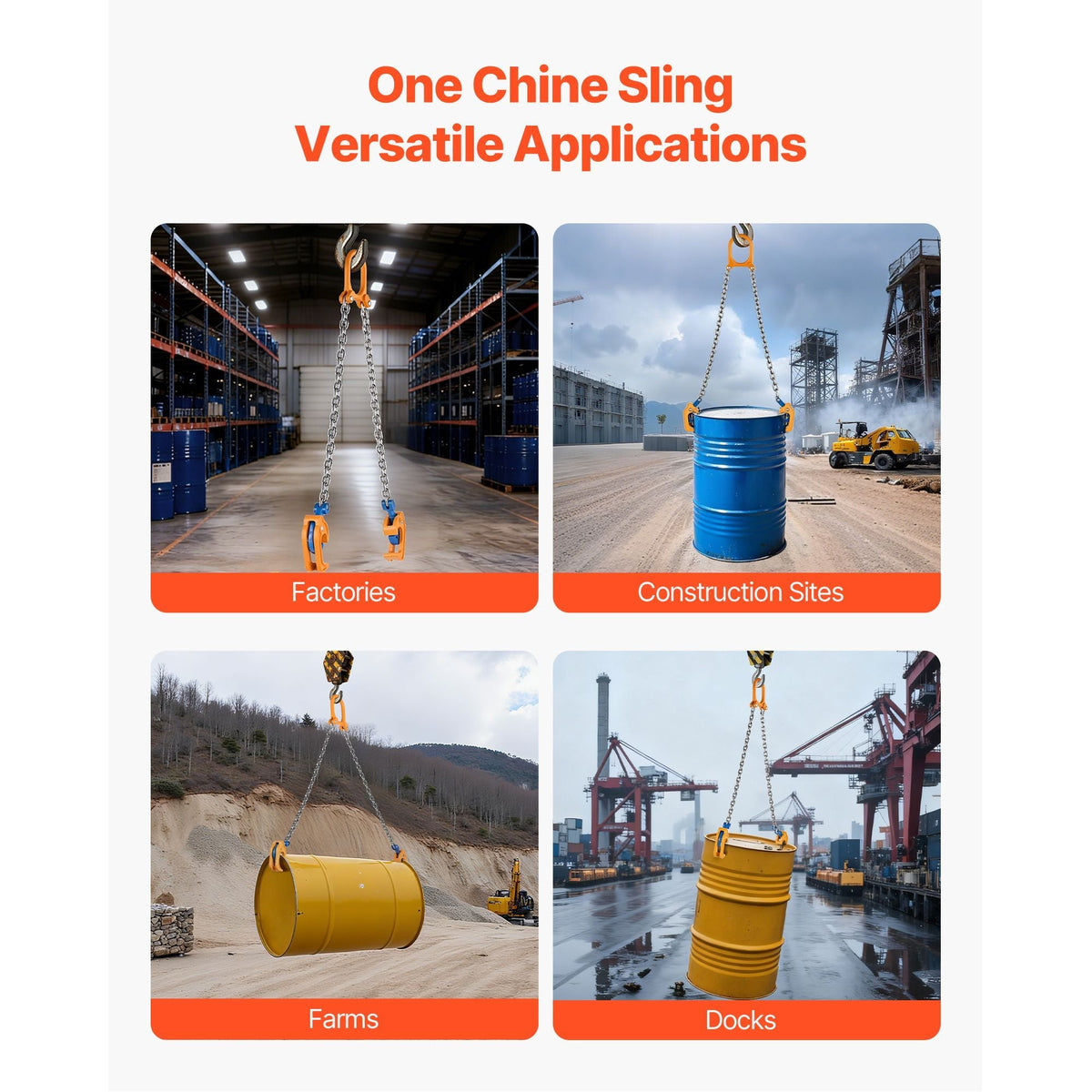 Chain Drum Lifter, G80 Drum Lifting Chain Sling with Thickened Security Hook, 2000LBS Capacity, 1.6ft Long Sturdy Drums Handling Equipment, Carbon Steel Barrel Lifter for Plastic & Metal Drums