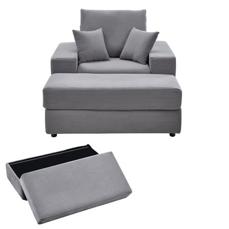 Chaise Lounge Chair, 44 in Boneless Modular Chaise Lounge Indoor, Oversized Corduroy Reading Chair with Throw Pillows & Armrests, Deep Seat Sofa Couch Sleeper for Living Room, Bedroom, Grey