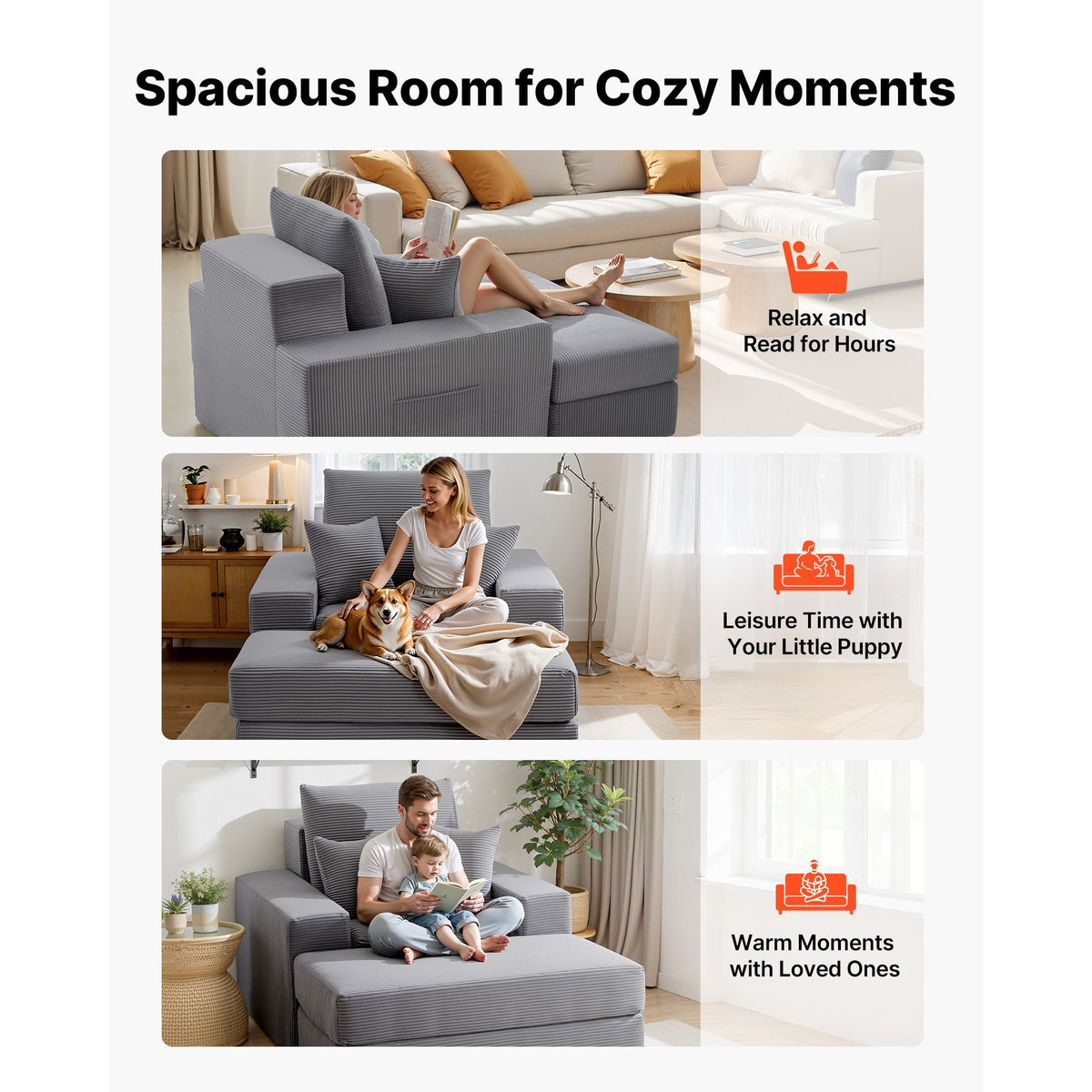 Chaise Lounge Chair, 44 in Boneless Modular Chaise Lounge Indoor, Oversized Corduroy Reading Chair with Throw Pillows & Armrests, Deep Seat Sofa Couch Sleeper for Living Room, Bedroom, Grey