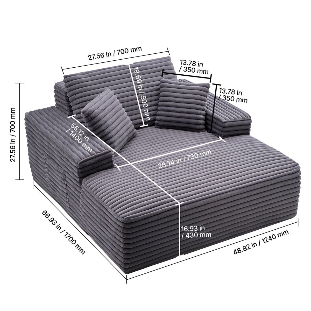 Chaise Lounge Chair, 48 in Boneless Chaise Lounge Indoor, Modern Upholstered Oversized Reading Chair with Throw Pillows & Armrests, Sofa Couch Deep Seat Sleeper for Living Room, Bedroom, Balcony