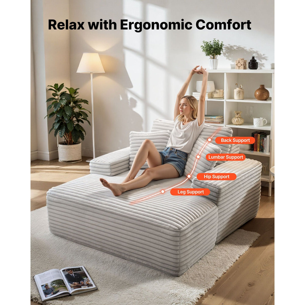 Chaise Lounge Chair, 54 in Boneless Chaise Lounge Indoor, Modern Upholstered Oversized Reading Chair with Throw Pillows & Armrests, Sofa Couch Deep Seat Sleeper for Living Room, Bedroom, Beige