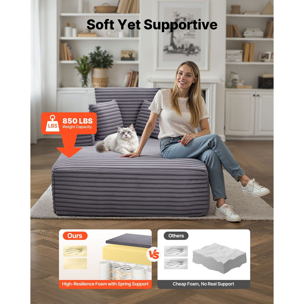 Chaise Lounge Chair, 54 in Boneless Chaise Lounge Indoor, Modern Upholstered Oversized Reading Chair with Throw Pillows & Armrests, Sofa Couch Deep Seat Sleeper for Living Room, Bedroom, Grey