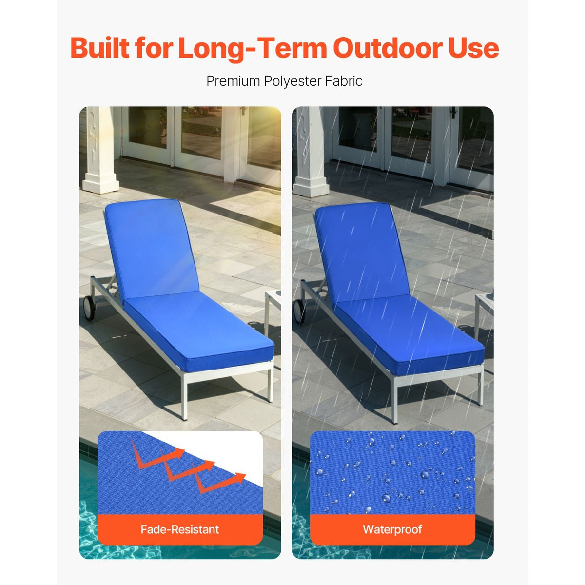 Chaise Lounge Cushion, 72 x 21 x 3 in, Outdoor Lounge Chair Cushions, Waterproof & Fade-Resistant, Sun Lounger Replacement Cushions with Ties, Patio Lounger Pads for Pool Deck Lawn, Blue