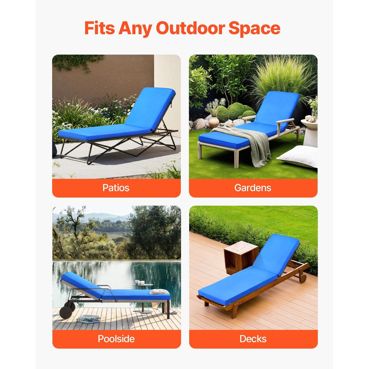 Chaise Lounge Cushion, 72 x 21 x 3 in, Outdoor Lounge Chair Cushions, Waterproof & Fade-Resistant, Sun Lounger Replacement Cushions with Ties, Patio Lounger Pads for Pool Deck Lawn, Blue