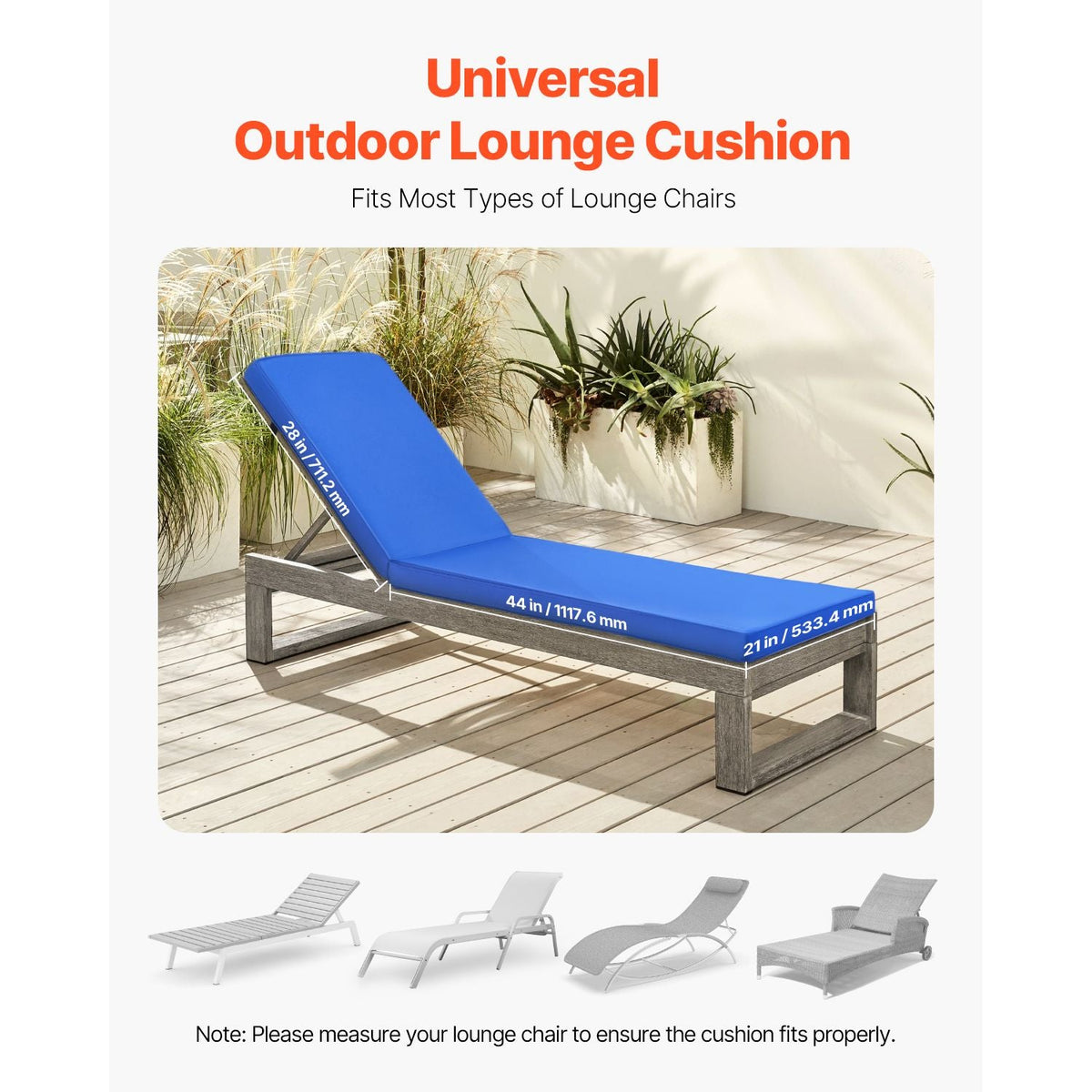 Chaise Lounge Cushion, 72 x 21 x 3 in, Outdoor Lounge Chair Cushions, Waterproof & Fade-Resistant, Sun Lounger Replacement Cushions with Ties, Patio Lounger Pads for Pool Deck Lawn, Blue