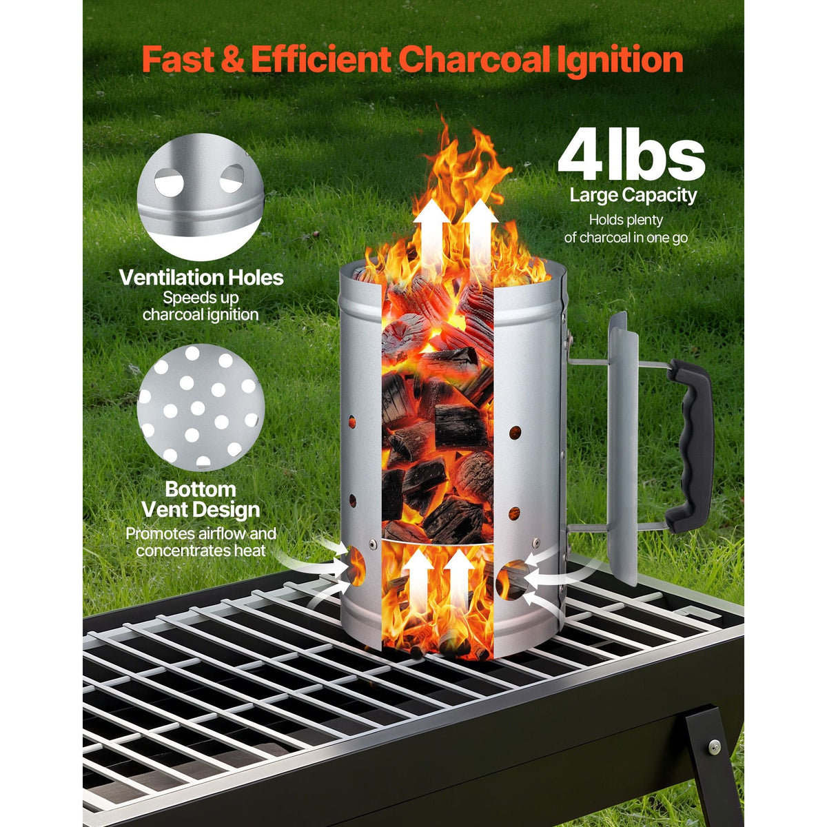 Charcoal Chimney Starter, 4 lbs Large Capacity Coal Fireplace, Heavy Duty BBQ Steel Chimney Starter for Charcoal Grill and Barbecues, Compact On-the-Go Carbon Lighter and BBQ Grill Tool, Silver