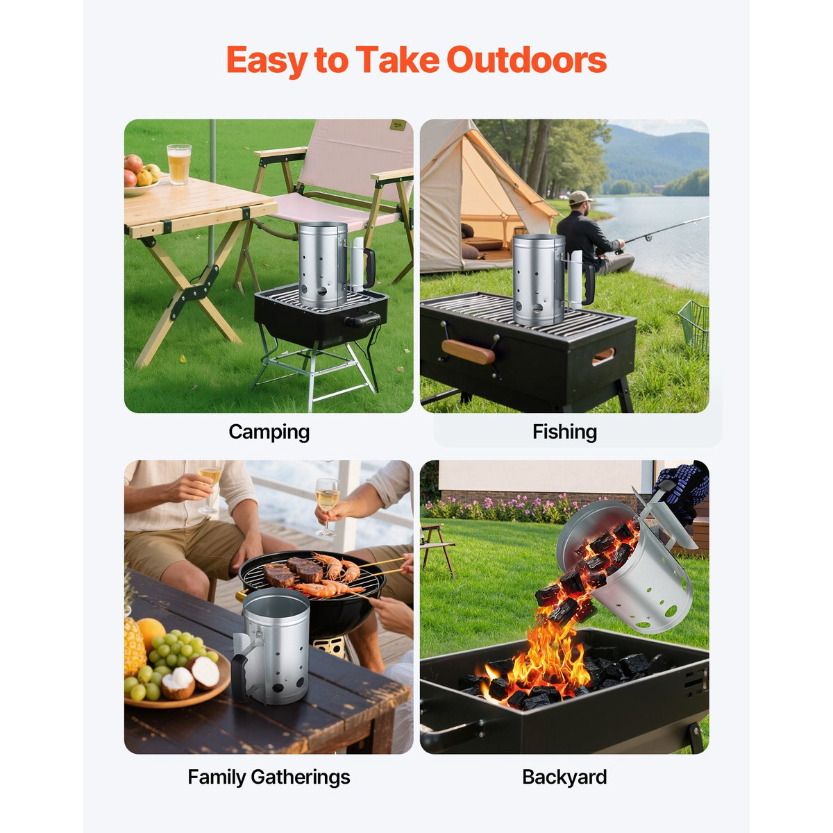 Charcoal Chimney Starter, 4 lbs Large Capacity Coal Fireplace, Heavy Duty BBQ Steel Chimney Starter for Charcoal Grill and Barbecues, Compact On-the-Go Carbon Lighter and BBQ Grill Tool, Silver