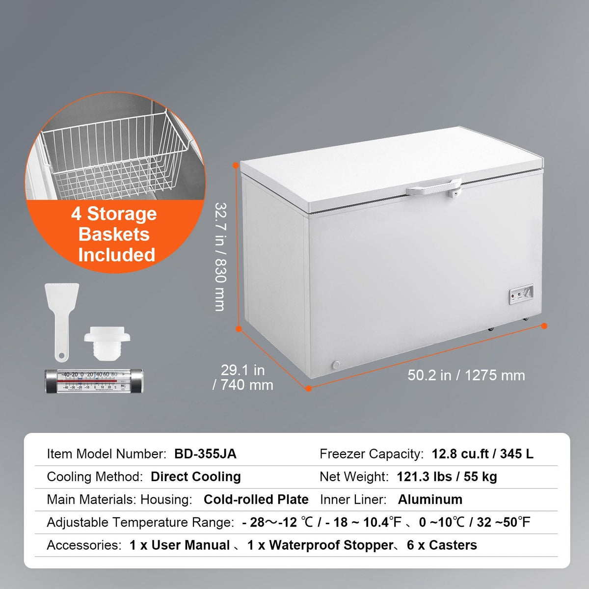 Chest Freezer, 12.8 Cu.ft / 345 L Large Deep Freezer & 4 Removable Baskets, Freestanding Top Open Door Commercial Chest Freezers with Locking Lid, 7-Level Adjustable Temp, LED Lighting, 6 Wheels