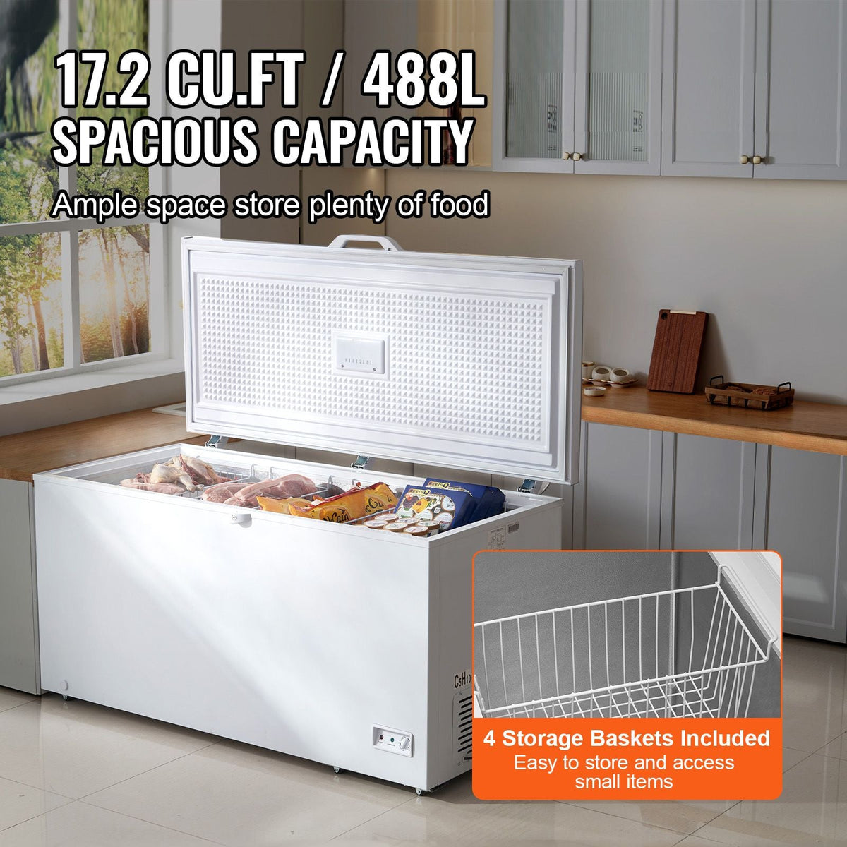 Chest Freezer, 17 Cu.ft Freestanding Top Open Door Commercial Chest Freezers, with 4 Removable Baskets, Locking Lid, Adjustable Temp for -18.4-10.4/32 to 50Fahrenheit, LED Lighting, 6 Wheels