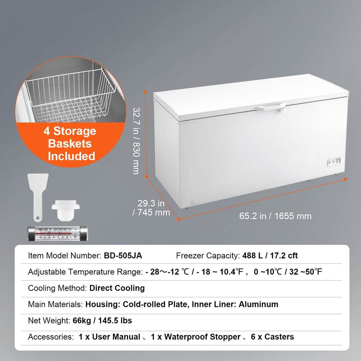 Chest Freezer, 17 Cu.ft Freestanding Top Open Door Commercial Chest Freezers, with 4 Removable Baskets, Locking Lid, Adjustable Temp for -18.4-10.4/32 to 50Fahrenheit, LED Lighting, 6 Wheels