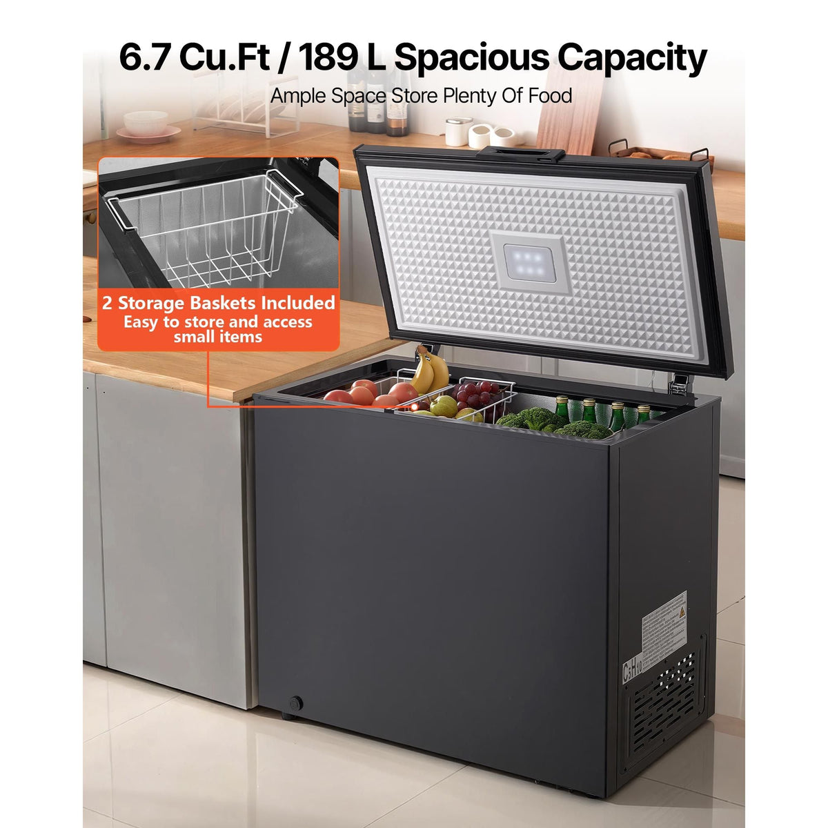 Chest Freezer, 6.7 Cu.ft Compact Deep Freezer, Free Standing Top Open Door Chest Freezers with 2 Removable Baskets & Adjustable Thermostat - Energy Saving, Low Noise & Garage Ready, Black