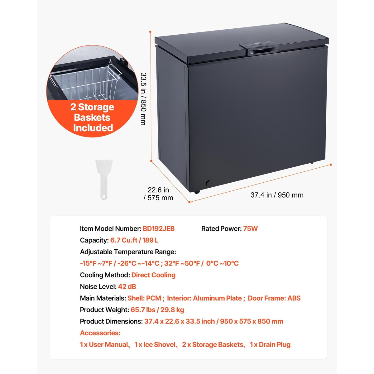 Chest Freezer, 6.7 Cu.ft Compact Deep Freezer, Free Standing Top Open Door Chest Freezers with 2 Removable Baskets & Adjustable Thermostat - Energy Saving, Low Noise & Garage Ready, Black