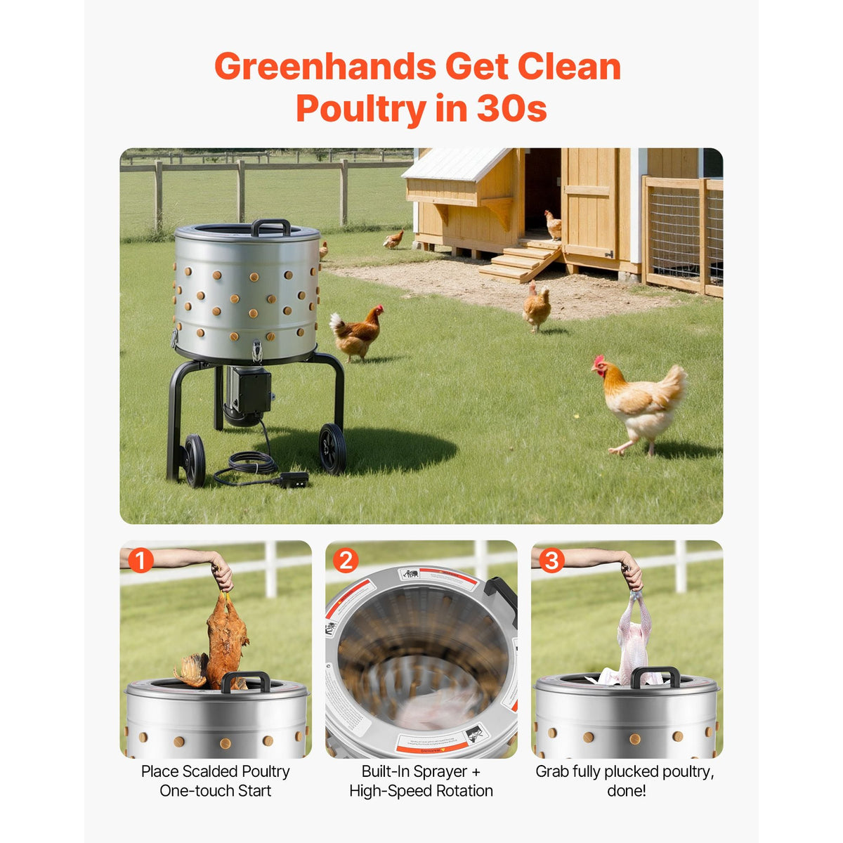 Chicken Plucker Machine, 19.7 in Drum, 750W & 275RPM Electric Chicken Plucking Machine with 98 Soft Fingers & Transport Wheels, Stainless Steel Feather Remover for Processing 2 Chicks Once