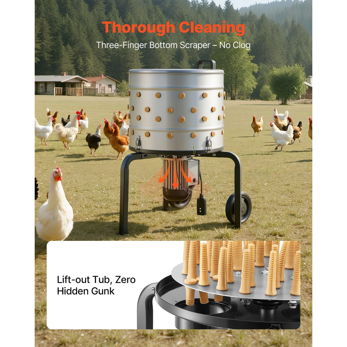 Chicken Plucker Machine, 19.7 in Drum, 750W & 275RPM Electric Chicken Plucking Machine with 98 Soft Fingers & Transport Wheels, Stainless Steel Feather Remover for Processing 2 Chicks Once