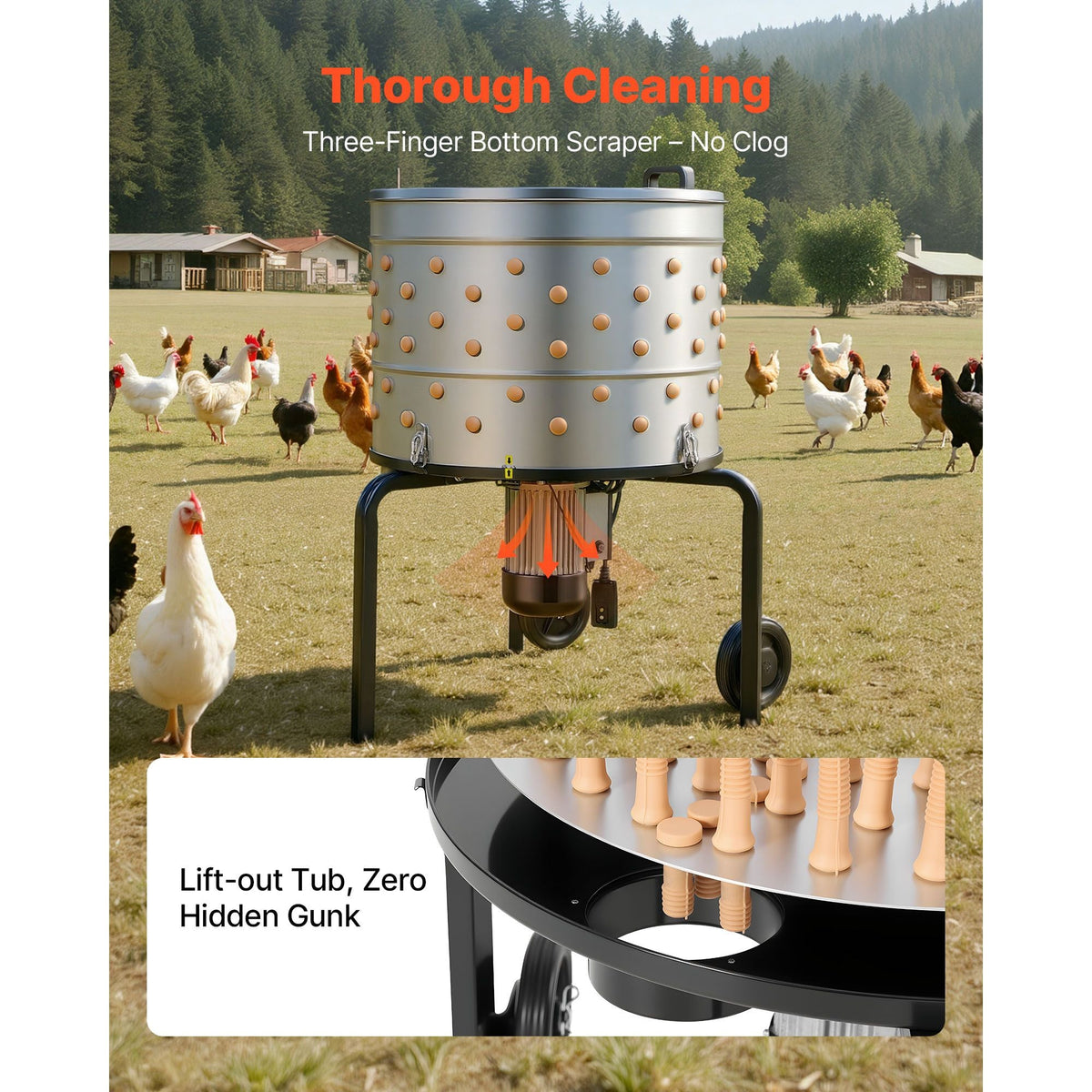 Chicken Plucker Machine, 25.6 in Drum, 1200W & 275RPM Electric Chicken Plucking Machine with 158 Soft Fingers & Transport Wheels, Stainless Steel Feather Remover for Processing 4 Chicks Once