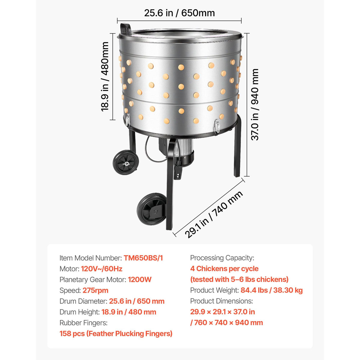 Chicken Plucker Machine, 25.6 in Drum, 1200W & 275RPM Electric Chicken Plucking Machine with 158 Soft Fingers & Transport Wheels, Stainless Steel Feather Remover for Processing 4 Chicks Once