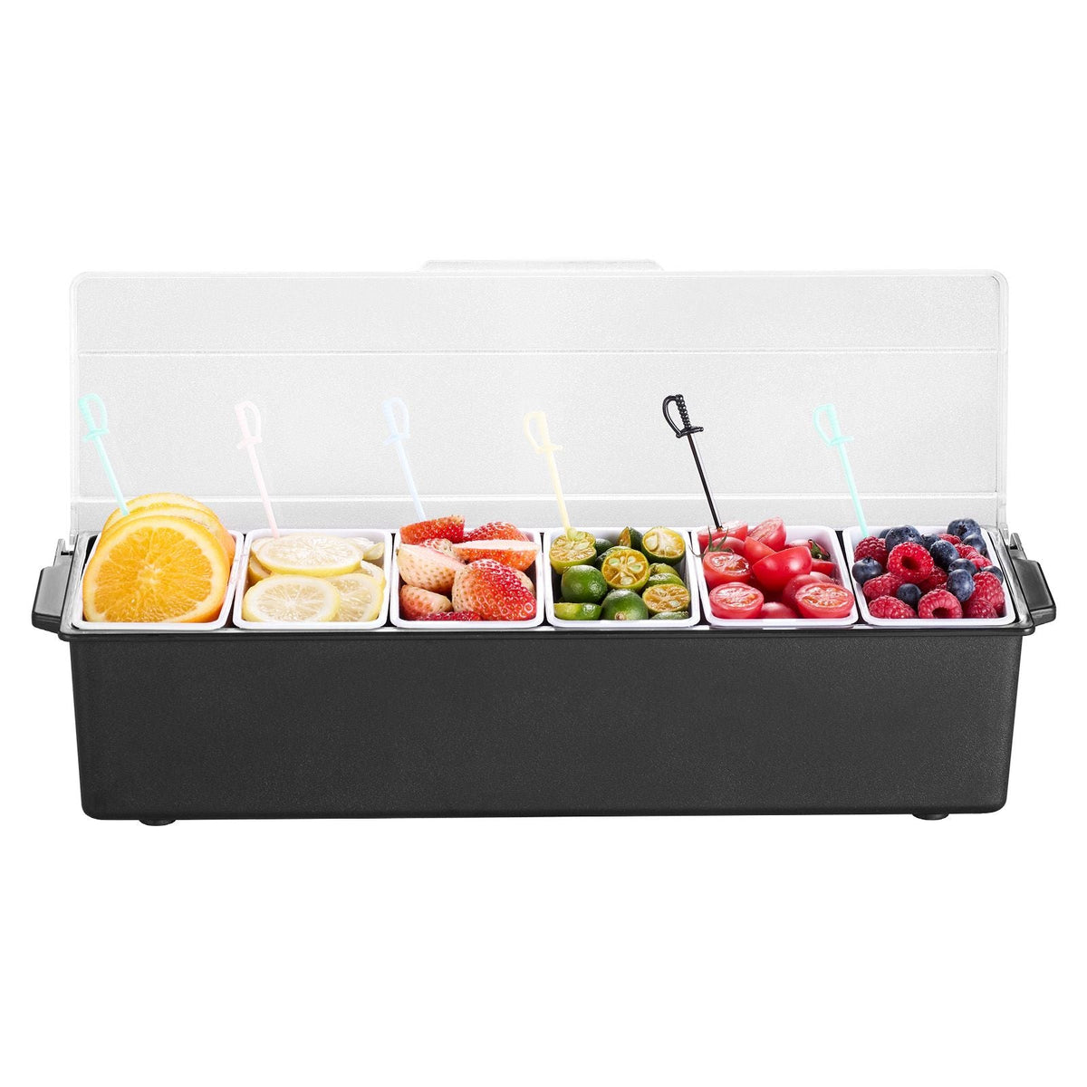 Chilled Condiment Server, 6 Compartment Ice Cooled Condiment Serving Container, Chilled Garnish Tray Bar Caddy with Lid, for Bartending & Serving Taco, Salad, Fruit, Home & Restaurant Supplies