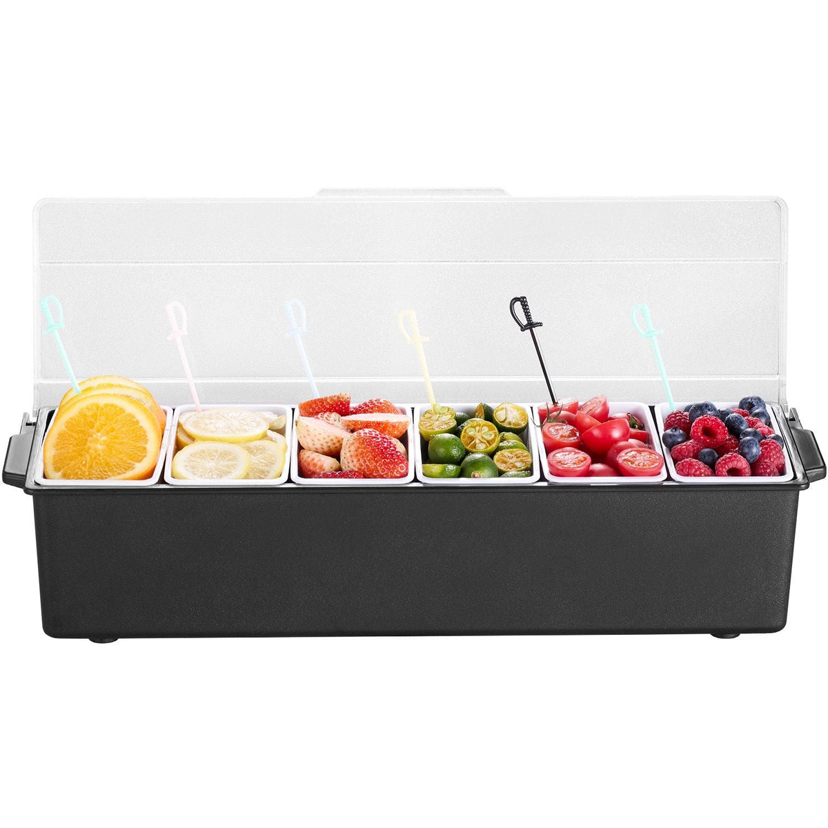 Chilled Condiment Server, 6 Compartment Ice Cooled Condiment Serving Container, Chilled Garnish Tray Bar Caddy with Lid, for Bartending & Serving Taco, Salad, Fruit, Home & Restaurant Supplies