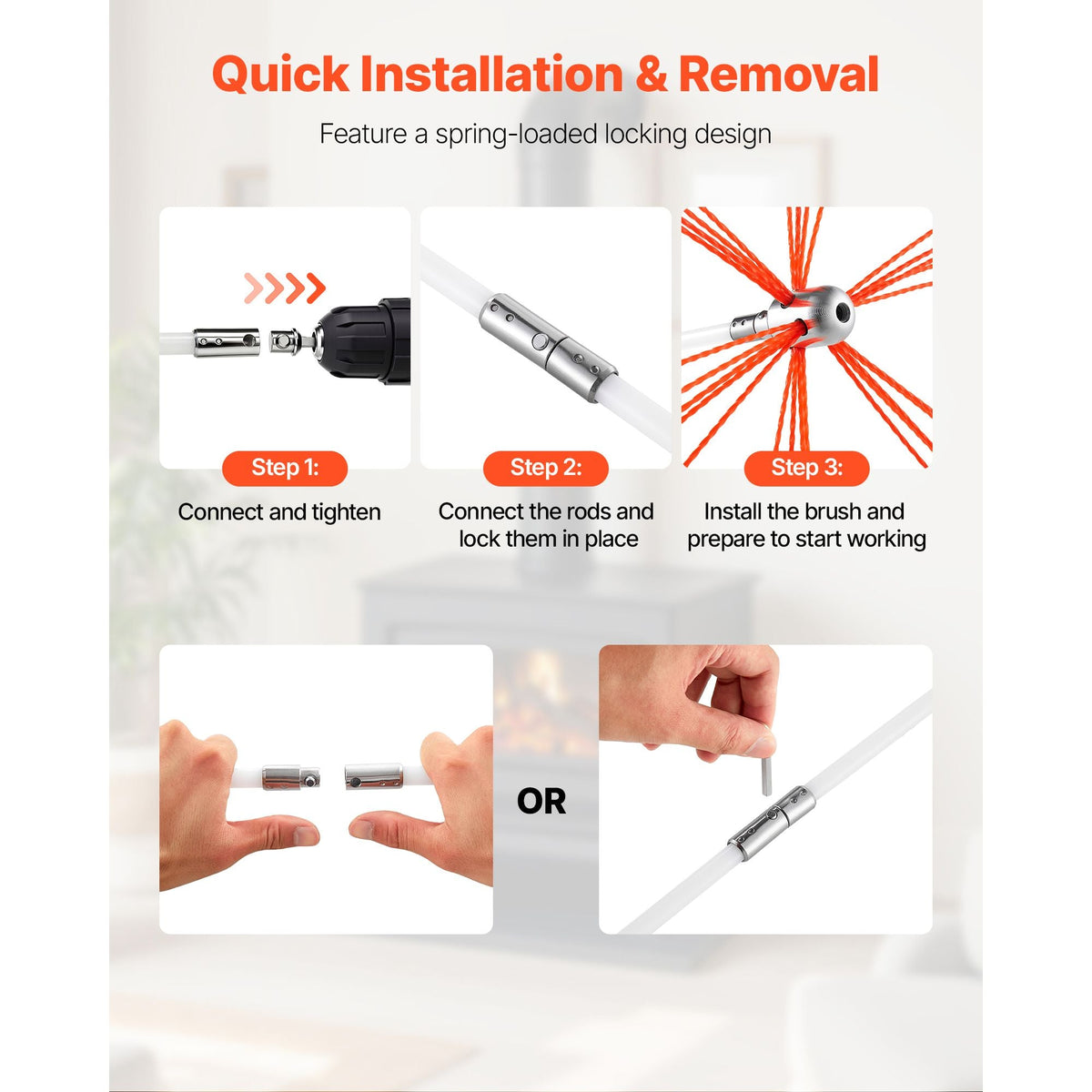 Chimney Sweep Kit, 23 ft Maximum Extendable Length Chimney Brush, Chimneys Cleaning Kit with Bristle Replacements & Goggles, 90° Bendable Fireplace Cleaning Tool, for Square, Rectangle Chimneys