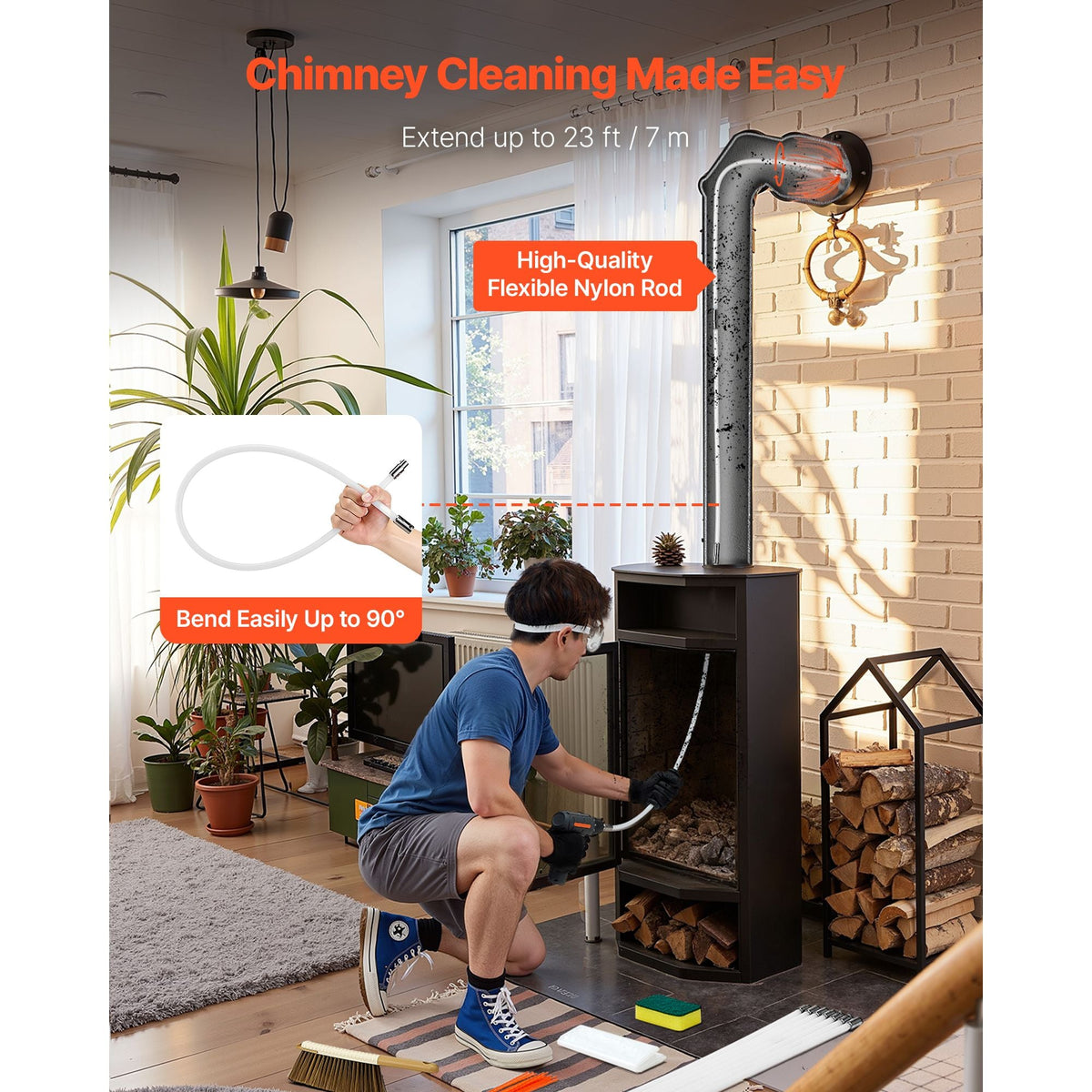 Chimney Sweep Kit, 23 ft Maximum Extendable Length Chimney Brush, Chimneys Cleaning Kit with Bristle Replacements & Goggles, 90° Bendable Fireplace Cleaning Tool, for Square, Rectangle Chimneys