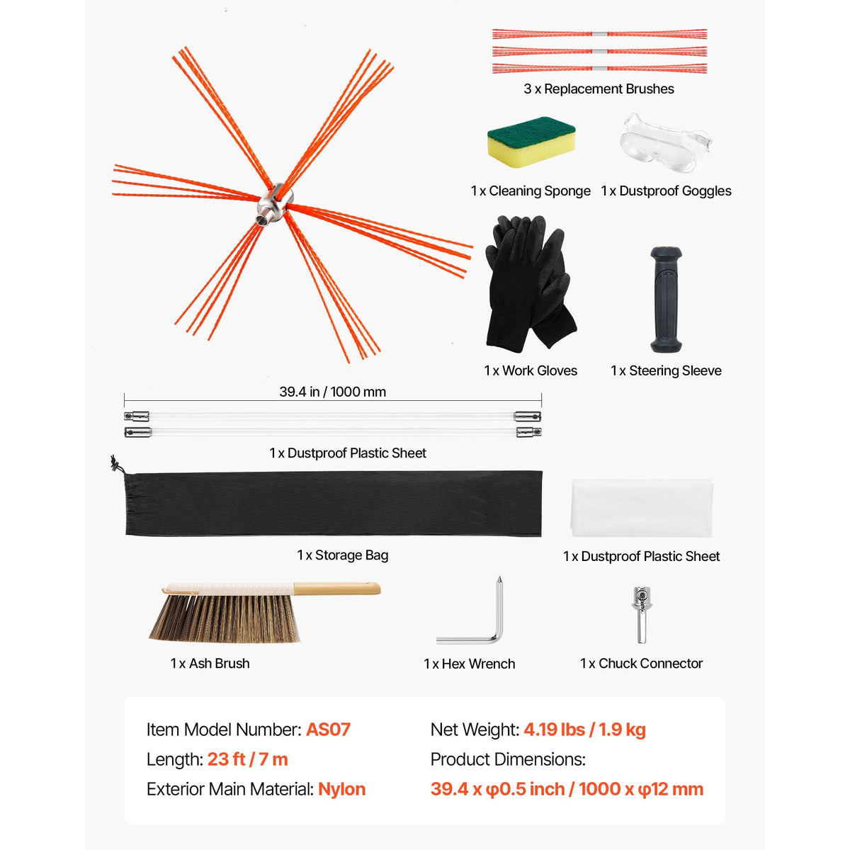 Chimney Sweep Kit, 23 ft Maximum Extendable Length Chimney Brush, Chimneys Cleaning Kit with Bristle Replacements & Goggles, 90° Bendable Fireplace Cleaning Tool, for Square, Rectangle Chimneys