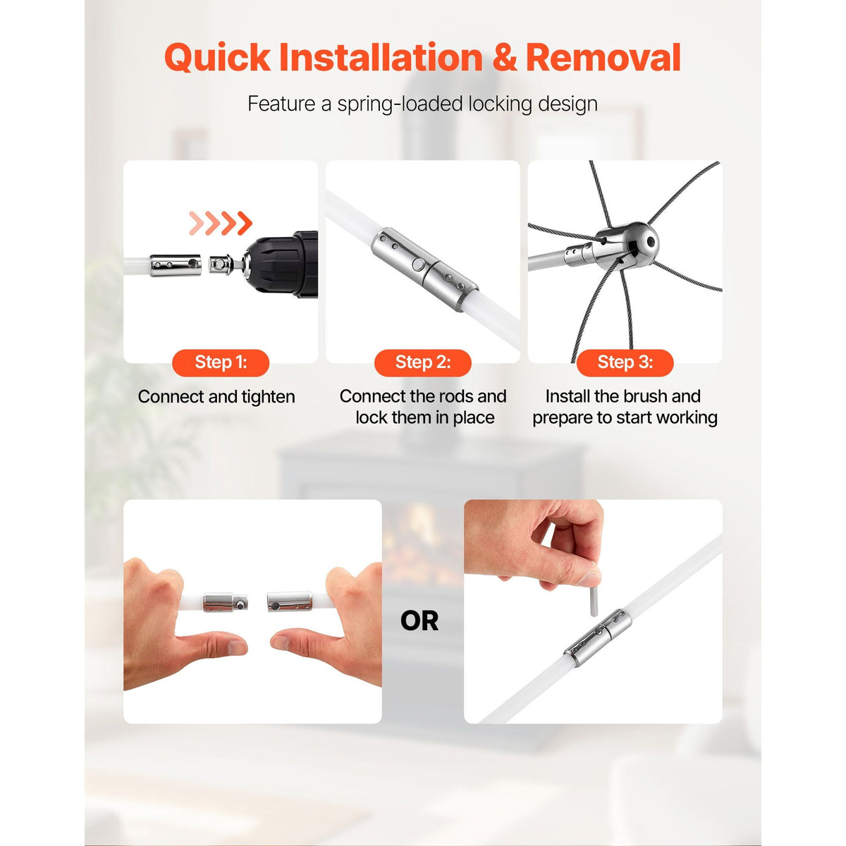 Chimney Sweep Kit, 33 ft Maximum Extendable Length Chimney Brush, Chimney Cleaner Sweeper with Dual Brush Heads, Brush & Goggles, Fireplace Cleaning Tool for Square, Rectangle, Arch Chimneys