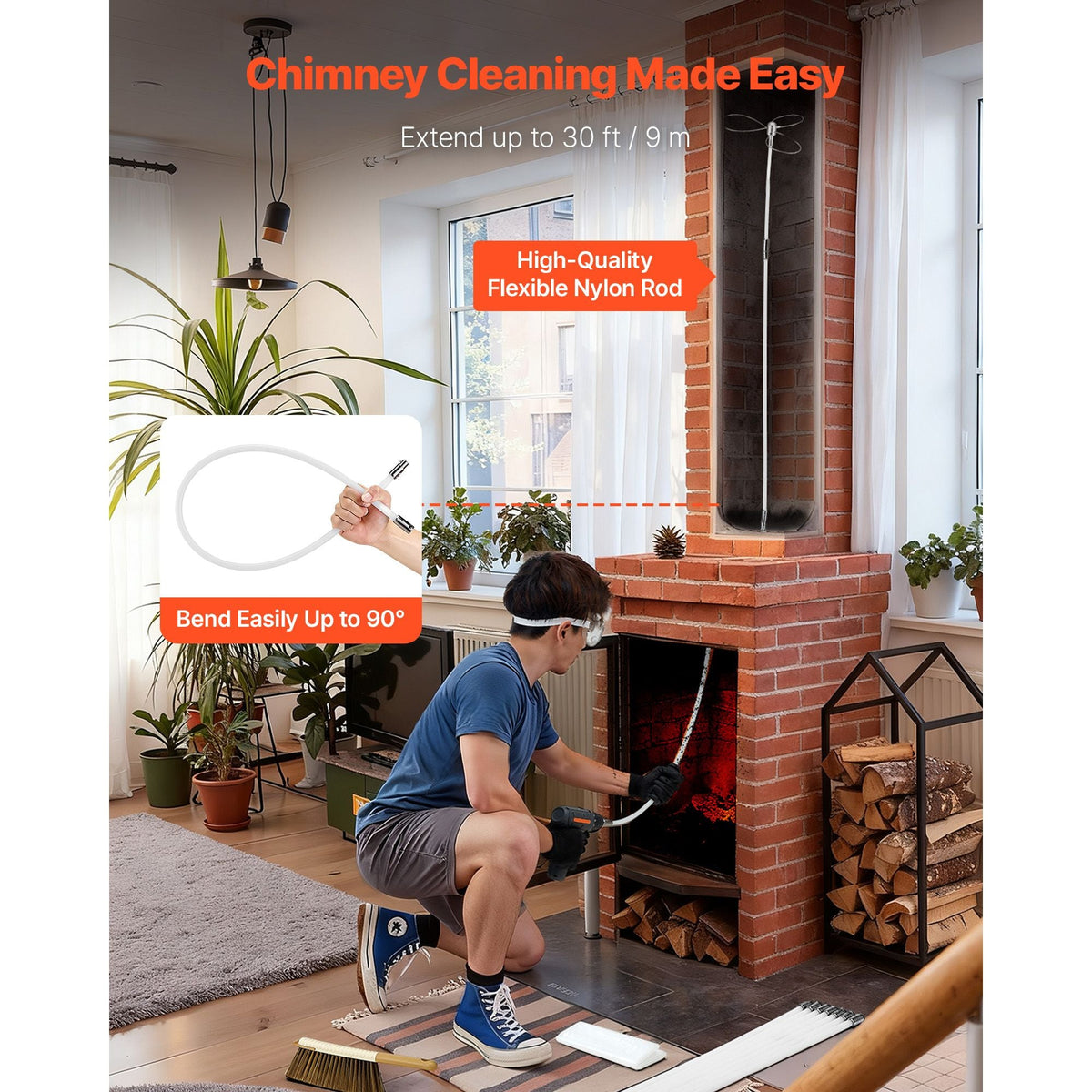 Chimney Sweep Kit, 33 ft Maximum Extendable Length Chimney Brush, Chimney Cleaner Sweeper with Dual Brush Heads, Brush & Goggles, Fireplace Cleaning Tool for Square, Rectangle, Arch Chimneys