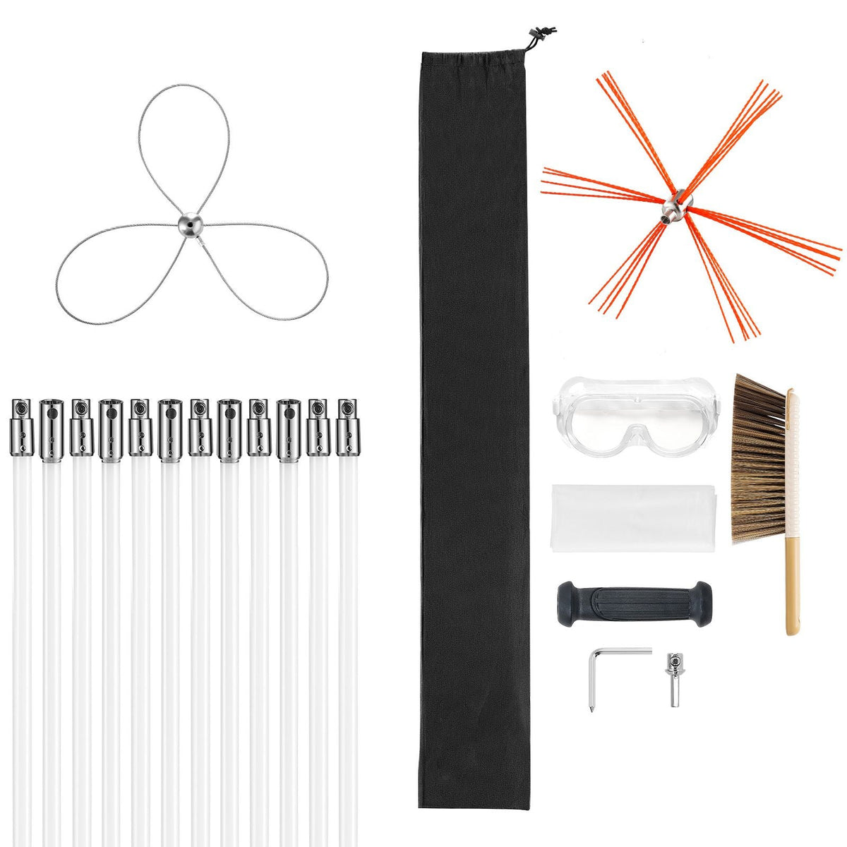 Chimney Sweep Kit, 39 ft Maximum Extendable Length Chimney Brush, Chimney Cleaner Sweeper with Dual Brush Heads & Bristle Replacements, Fireplace Cleaning Tool for Square, Rectangle Chimneys
