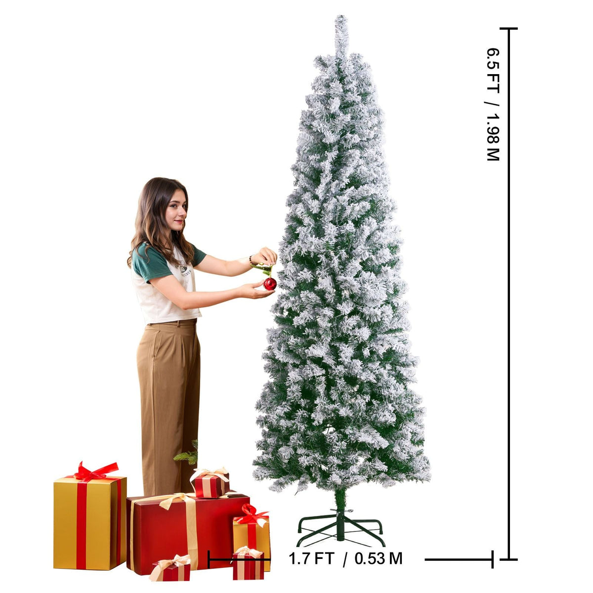 Christmas Tree, 6.5ft Prelit Flocked Artificial Tree, Full Holiday Xmas Tree with 250 White LED Lights, 814 Branch Tips, Metal Base for Home Party Office Decoration