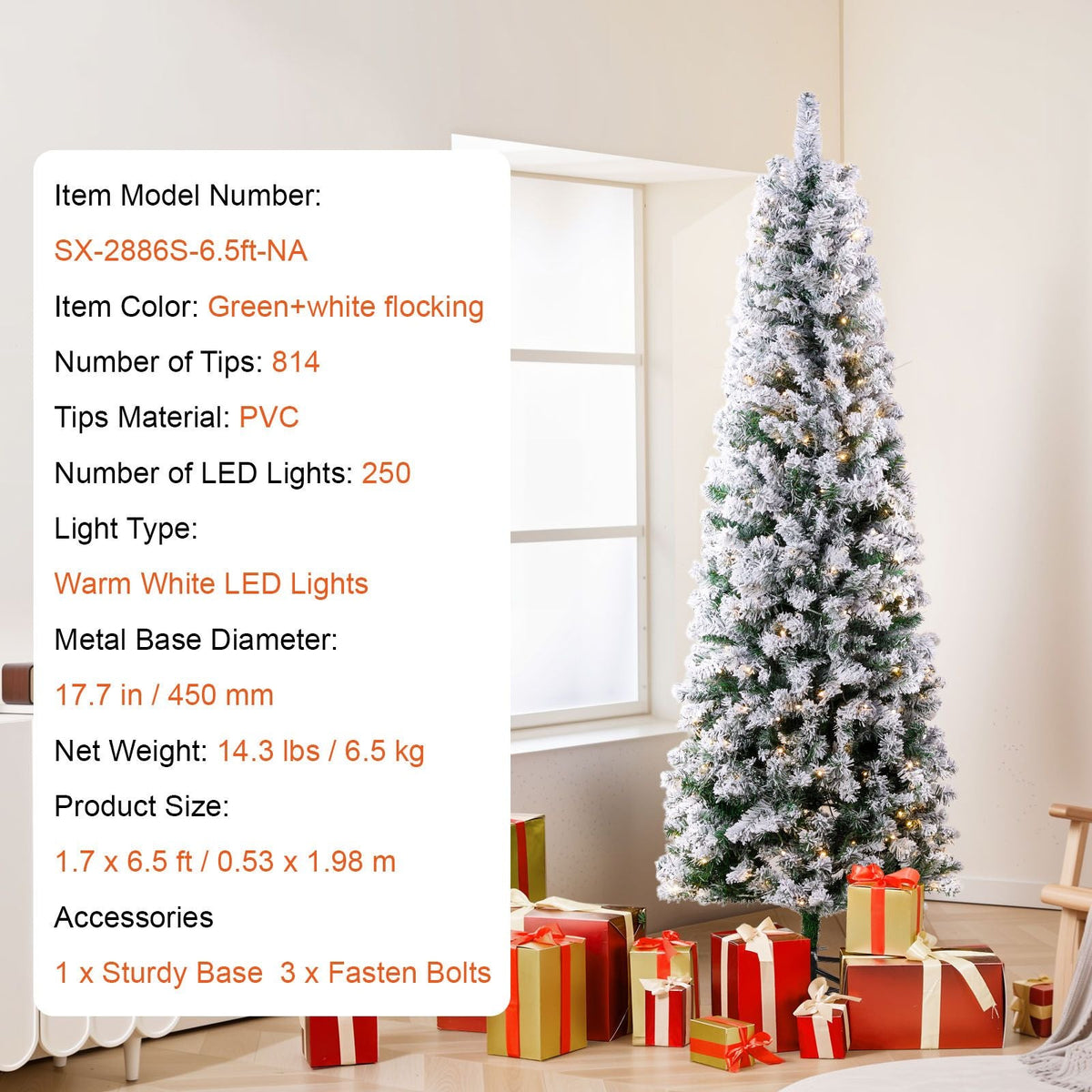 Christmas Tree, 6.5ft Prelit Flocked Artificial Tree, Full Holiday Xmas Tree with 250 White LED Lights, 814 Branch Tips, Metal Base for Home Party Office Decoration