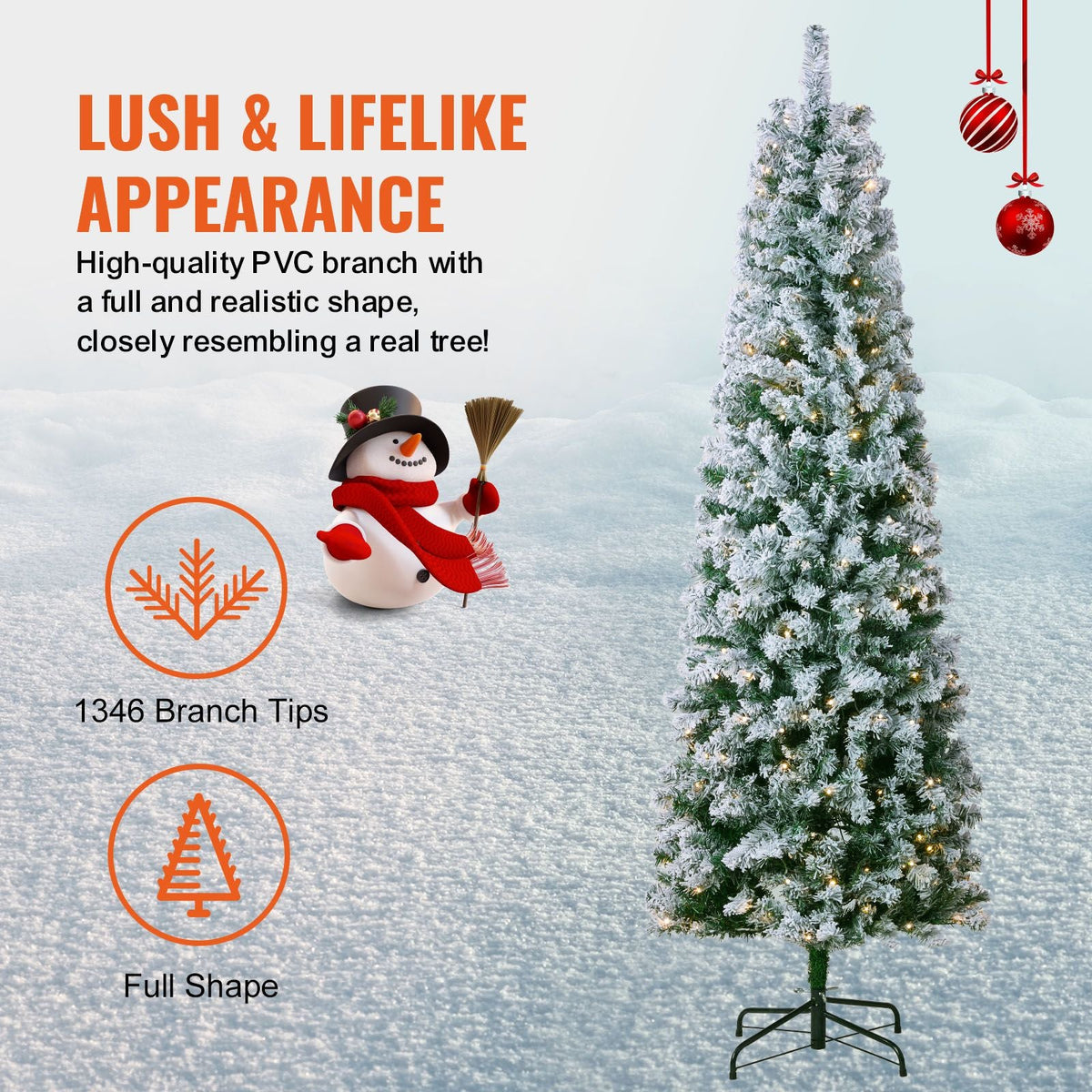 Christmas Tree, 6.5ft Prelit Flocked Artificial Tree, Full Holiday Xmas Tree with 250 White LED Lights, 814 Branch Tips, Metal Base for Home Party Office Decoration