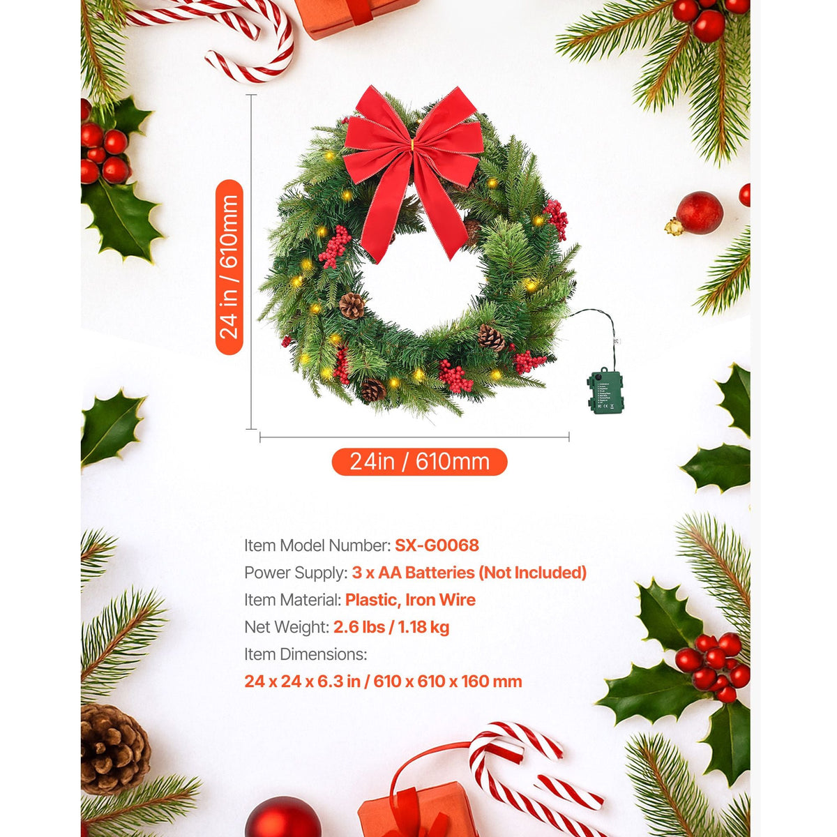 Christmas Wreath, 24 Inches Pre-Lit Artificial Christmas Wreath with 50 LED Lights and Timer, Decorated with Pine Cones, Red Berry Clusters, Holly Leaves, Suitable for Fireplace Door Window