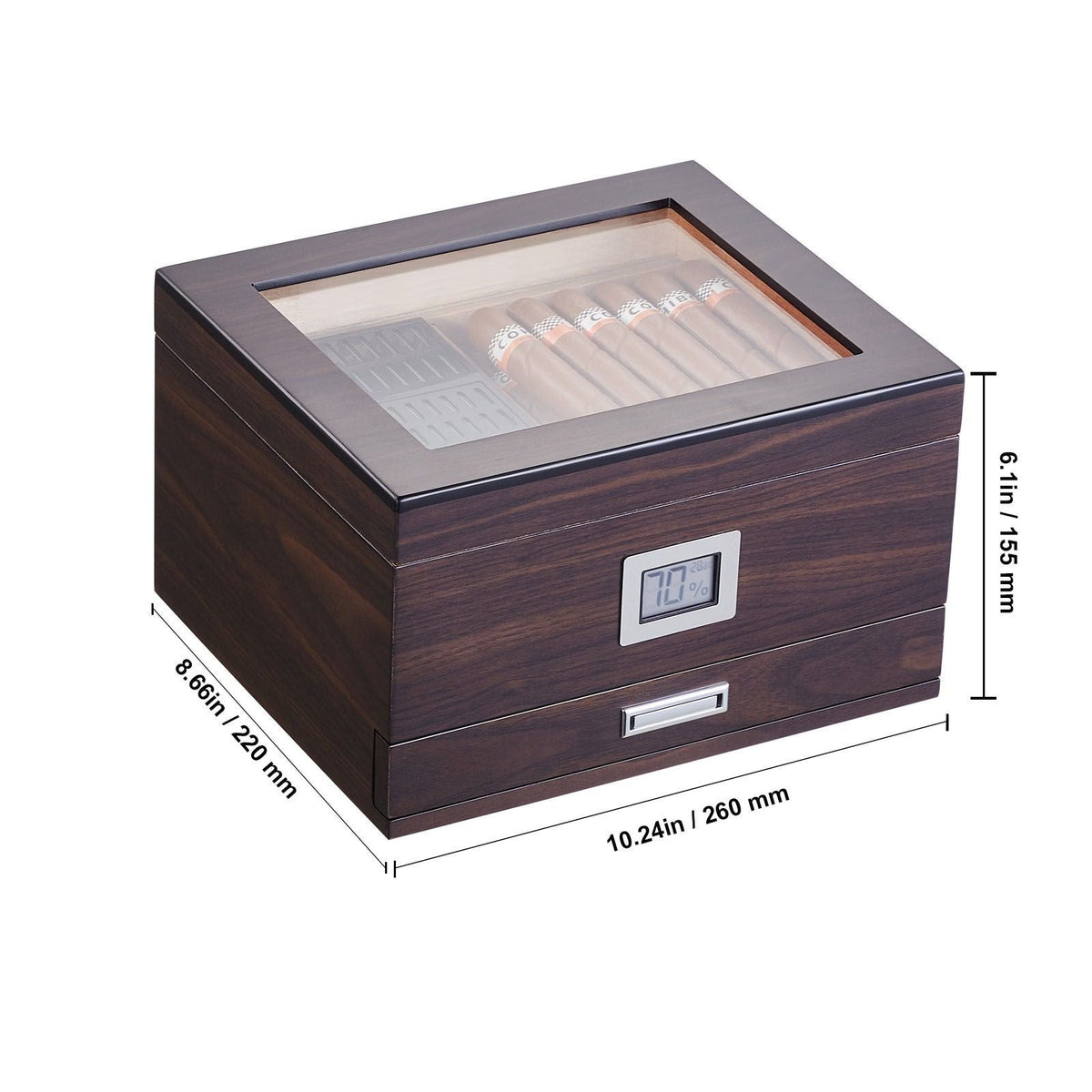 Cigar Humidor, Glass Top Cigar Humidor Box, Handmade Spanish Cedar Wood Cigar Desktop Box, Cigar Storage Case with Humidifier, Hygrometer, Divider and Accessory Drawer, 30-50 Cigars