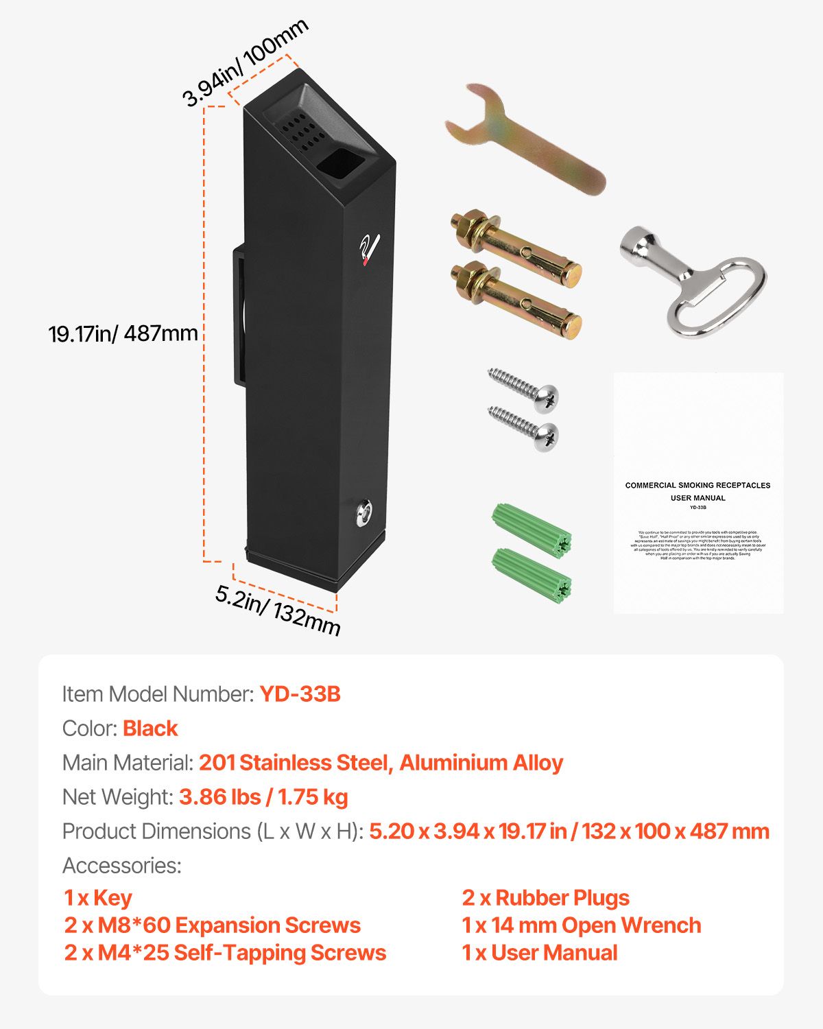 Cigarette Butt Receptacle, Stainless Steel Cuboid Cigarette Butt Container, Wall Mounted and Weatherproof Outdoor Cigarette Butt Disposal for Garden, Office, Restaurant, Hotel, Bar, Black