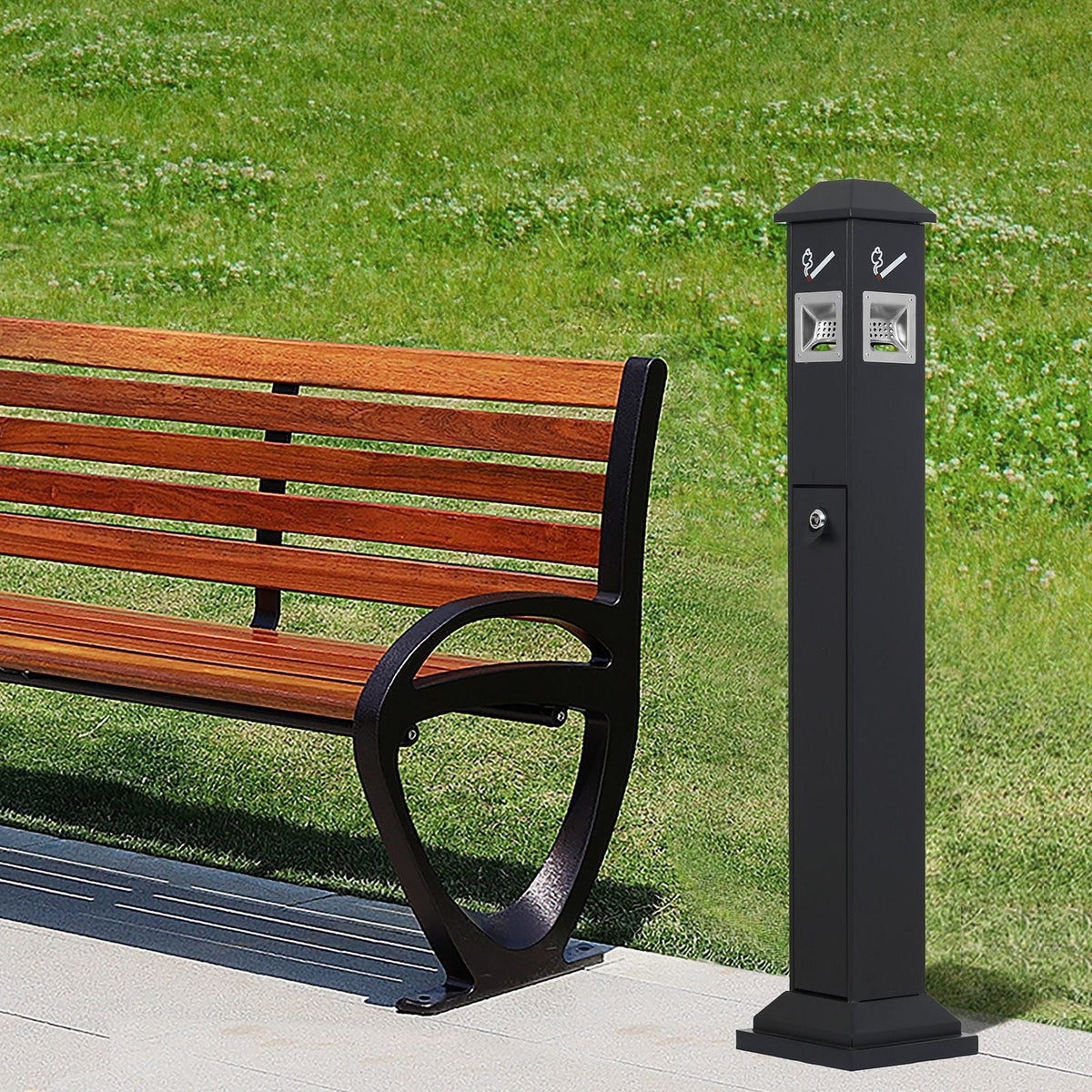 Cigarette Butt Receptacle, Weatherproof Cigarette Butt Container with 4 Disposal Openings & Top Cover, Freestanding Outdoor Cigarette Butt Disposal for Garden, Office, Restaurant, Hotel, Black