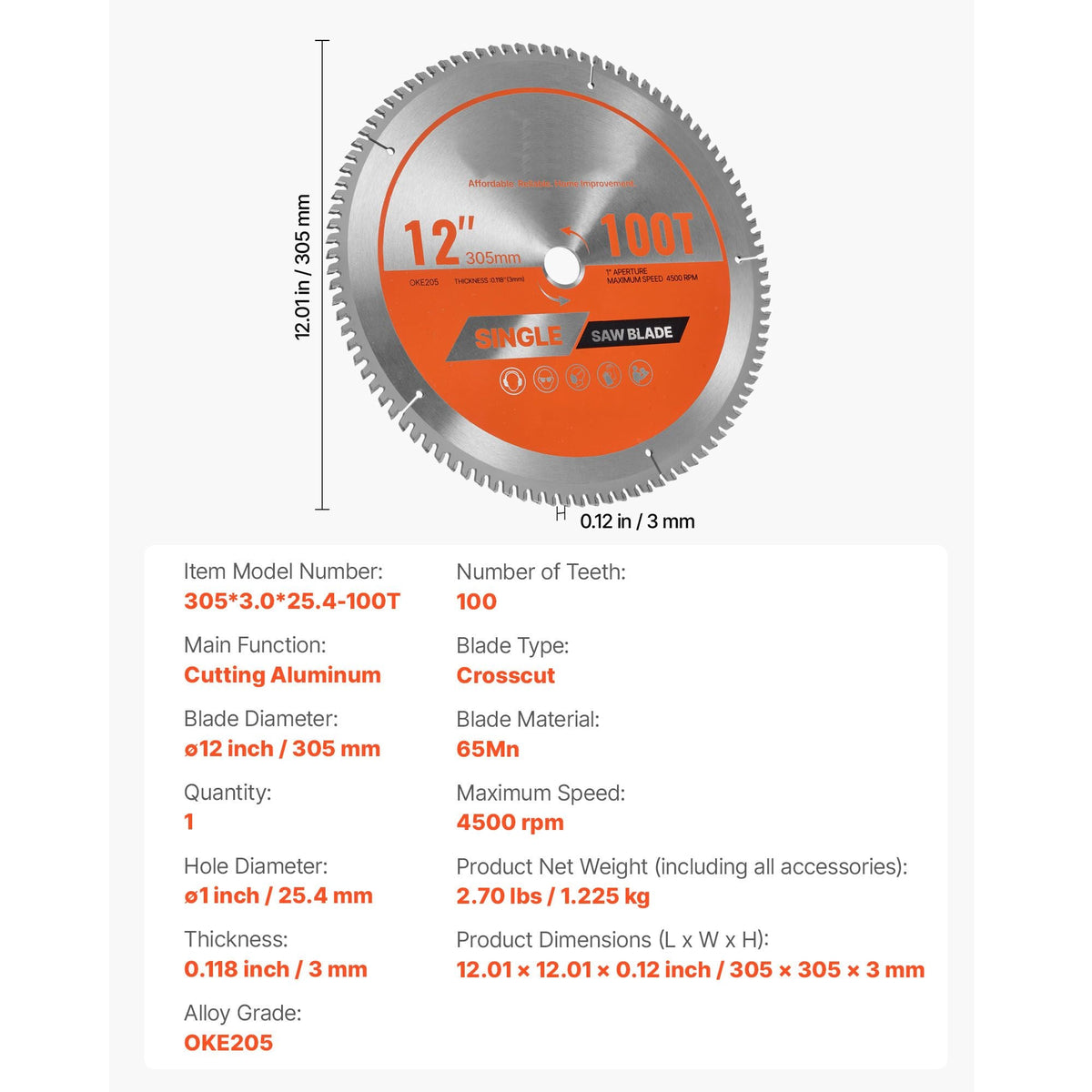 Circular Saw Blade, 12 inch Diameter, 100 Sharp Alloy Teeth, 1 inch Arbor, Fine Finish, Aluminum Cutting Blade for Circular Saw, with Noise-Reducing Heat Vents, for Cutting Steel and Metal
