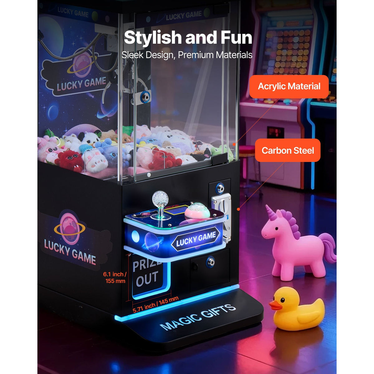 Claw Crane Machine, Medium-Sized Arcade Game Machine with Claw + Grabber Double-Layer, Light & Sound, Toy Candy Grabber Prize Dispenser Vending Toy, for Commercial Home Cinema, Black Purple