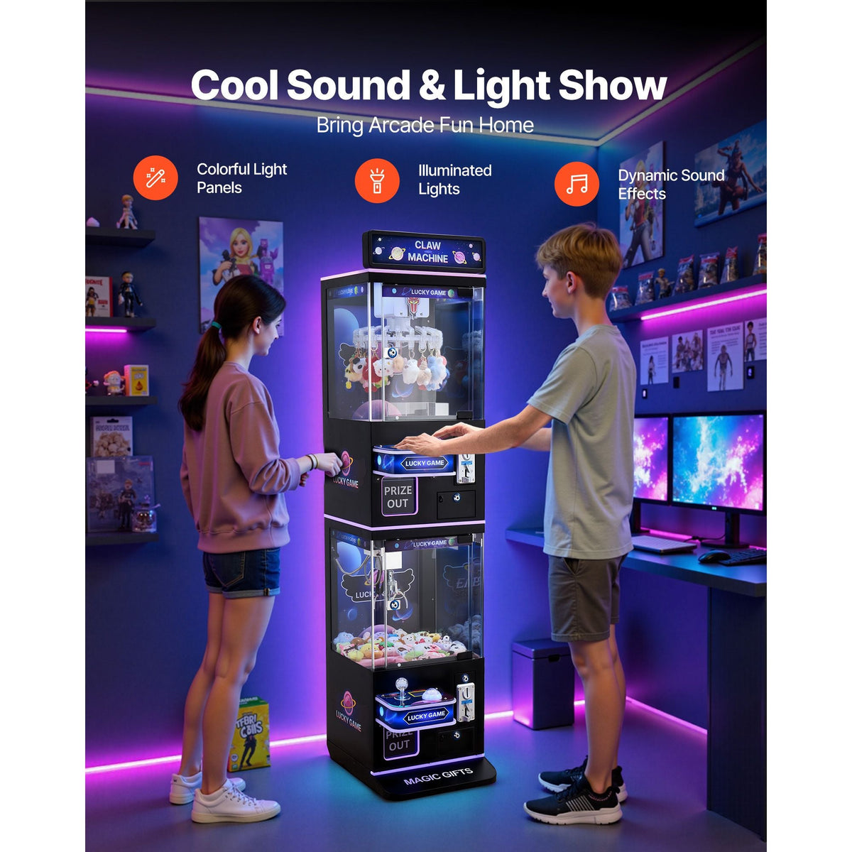 Claw Crane Machine, Medium-Sized Arcade Game Machine with Claw + Grabber Double-Layer, Light & Sound, Toy Candy Grabber Prize Dispenser Vending Toy, for Commercial Home Cinema, Black Purple