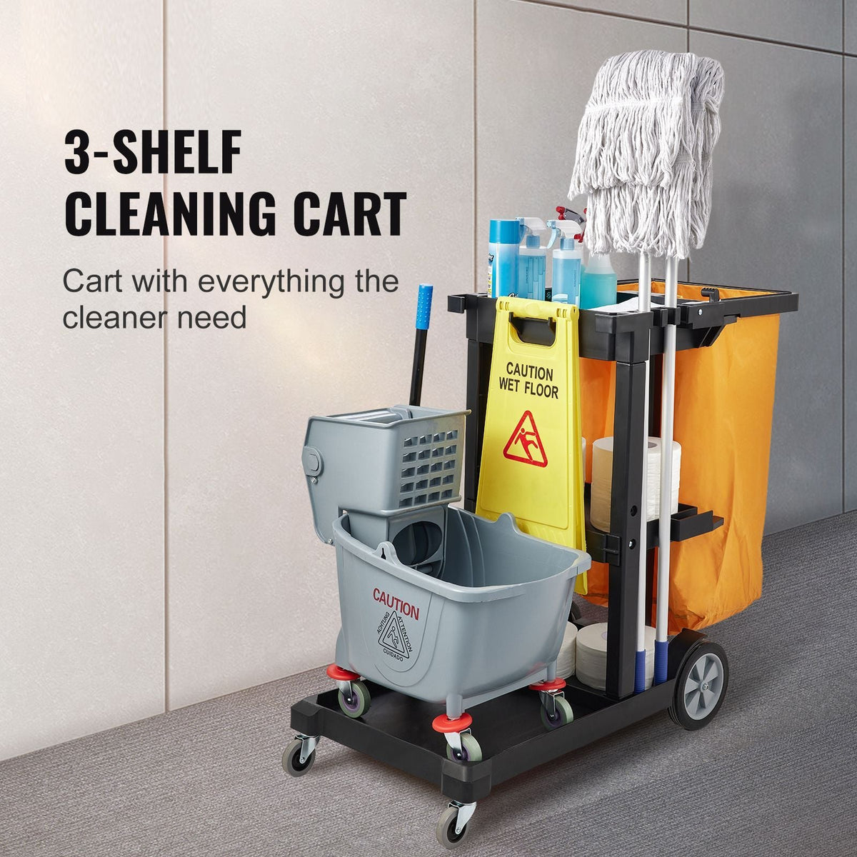 Cleaning Cart, 3-Shelf Commercial Janitorial Cart, 200 lbs Capacity Plastic Housekeeping Cart, with 25 Gallon PVC Bag, 47 x 20 x 38.6in, Yellow & Black