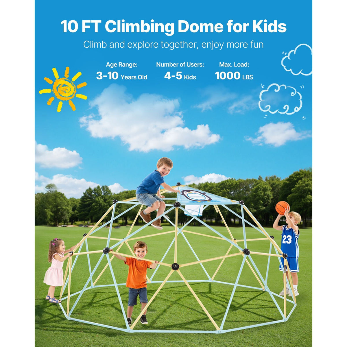 Climbing Dome, 10FT Geometric Dome Climber, 1000LBS Loading Jungle Gym Playground with 2 Basketballs & Octopus Net, Easy-Assembly Outdoor Backyard Climbing Equipment for Kids 3 to 10 Years Old