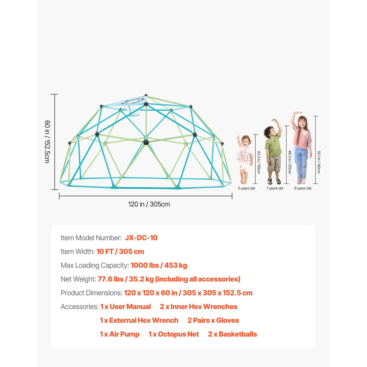 Climbing Dome, 10FT Geometric Dome Climber for Kids, 1000LBS Loading Jungle Gym Playground with Octopus Net & 2 Basketballs, Easy-Assembly Outdoor Backyard Climbing Toys - Gift for Boys Girls