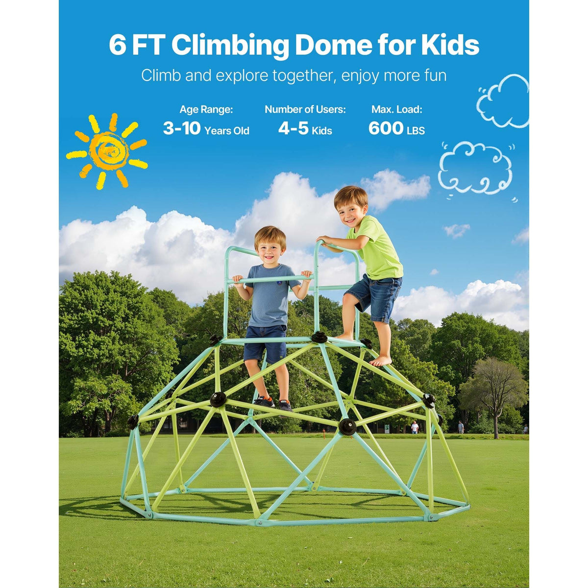 Climbing Dome, 6FT Geometric Dome Climber for Kids, 600LBS Loading Indoor/Outdoor Jungle Gym Playground, Easy-Assembly Backyard Climbing Play Equipment for Boys Girls 3 to 10 Years Old