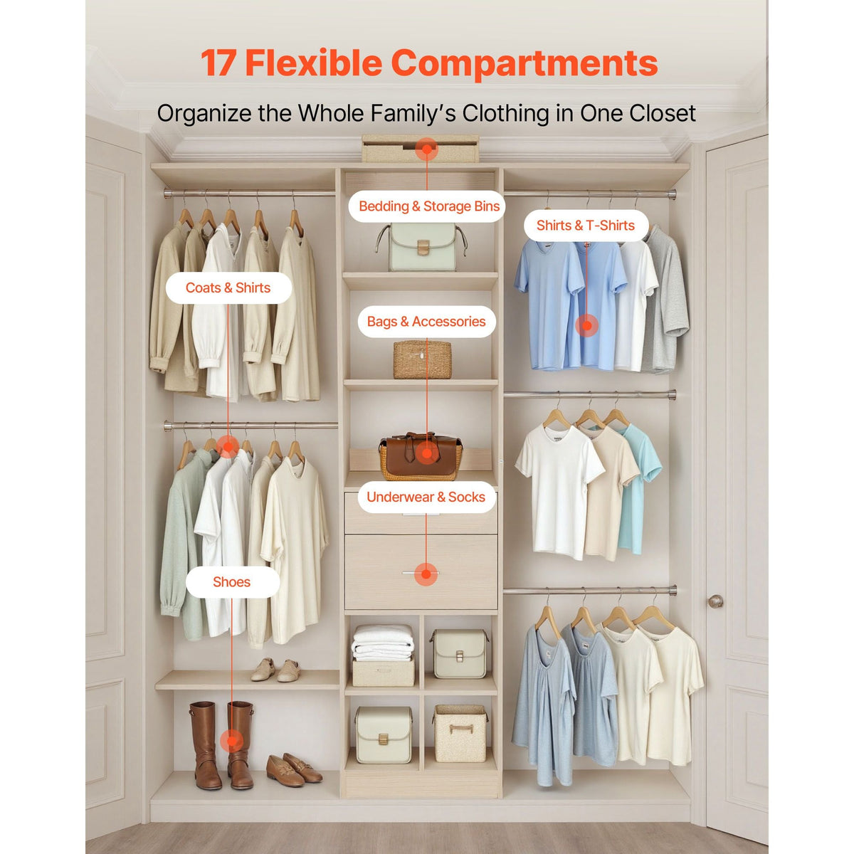 Closet System with 2 Drawers, Adjustable Height Wooden Closet Organizers, Modern Walk-in Wardrobe Organization with 5 Retractable Clothes Hanger Rods, Freestanding Garment Rack Storage, Grey