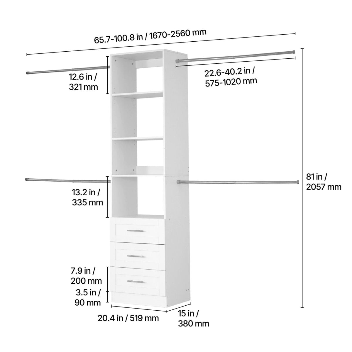 Closet System with 3 Drawers, Adjustable Height Wooden Closet Organizers, Modern Walk-in Wardrobe Organization with 4 Retractable Clothes Hanger Rods, Freestanding Garment Rack Storage, White