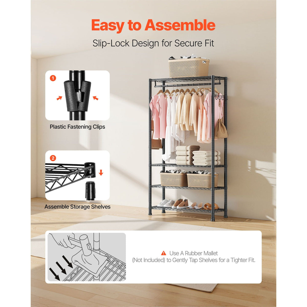Clothing Garment Rack, Heavy Duty Clothing Garment Rack, 4 Adjustable Tiers Clothing Racks with Carbon Steel, 500 lbs Load Capacity Closet Wardrobe for Bedroom, Clothing Store, Hallway