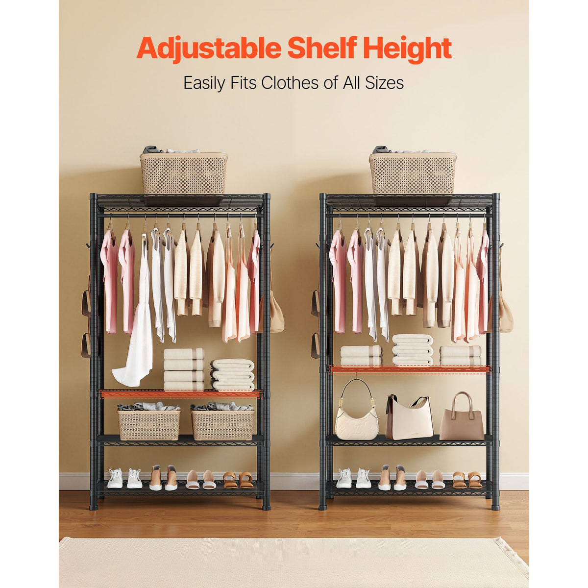 Clothing Garment Rack, Heavy Duty Clothing Garment Rack, 4 Adjustable Tiers Clothing Racks with Carbon Steel, 500 lbs Load Capacity Closet Wardrobe for Bedroom, Clothing Store, Hallway