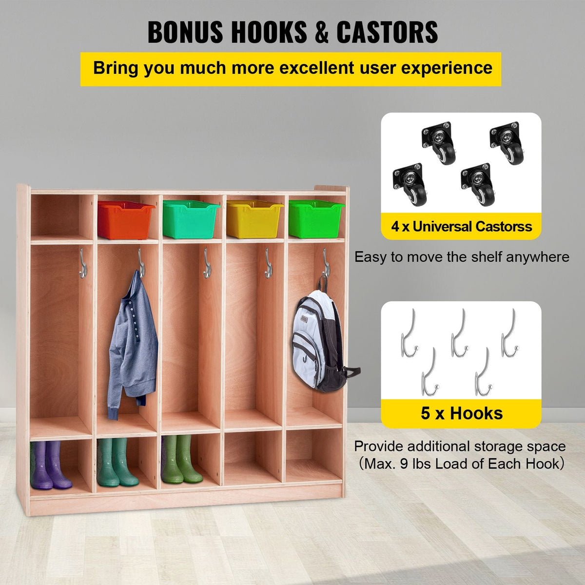 Coat Locker, 5-Section Daycare Cubby Coat Rack 48x12x48 inch, Classroom Coat Locker and Backpack Hanger, with 5 Hooks and Storage Boxes, for Kindergarten & School, Natural