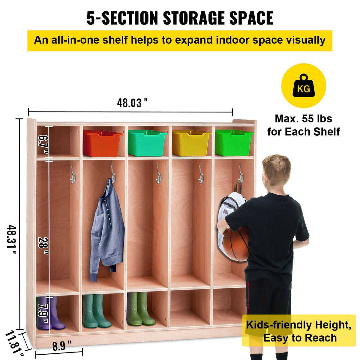 Coat Locker, 5-Section Daycare Cubby Coat Rack 48x12x48 inch, Classroom Coat Locker and Backpack Hanger, with 5 Hooks and Storage Boxes, for Kindergarten & School, Natural